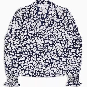 TOPSHOP Abstract Animal Print Puff Sleeve Shirt, Color Navy Multi, Size 2, NWT
